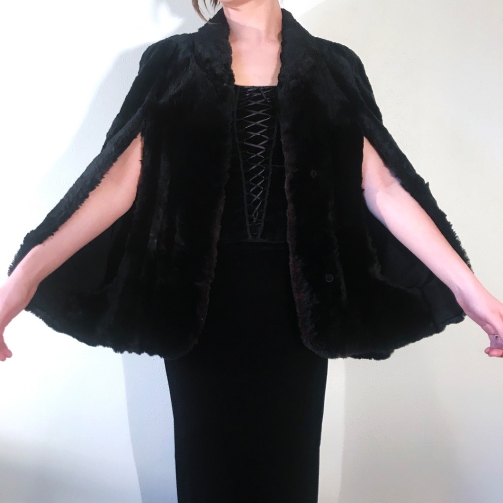 Genuine Black Shearling Cape Coat